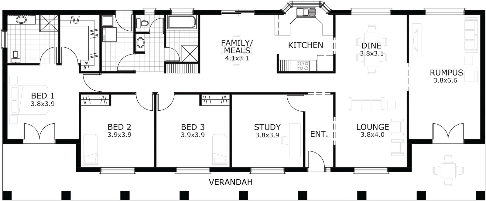 Hermitage by sterlinghomes.com.au, 4 bedroom 2 bathroom 0 car single storey passive solar house plan, 25.59m x 10.54m, SA - Plan